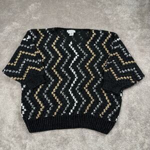 Vintage 90s Knit Black Sweater Zig Zag Size M Campus Casuals 3/4 Sleeve Retro